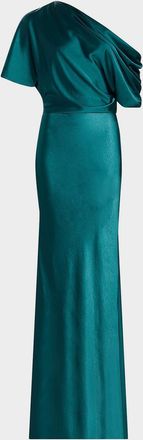 Amsale Draped Metallic Satin Faille One-Shoulder Gown