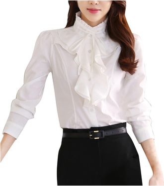 Generic 2025 Blouses Spring Korean Stand Up White Chiffon Shirt Womens Long Sleeve Slim Bottoming Shirt (White, XL)