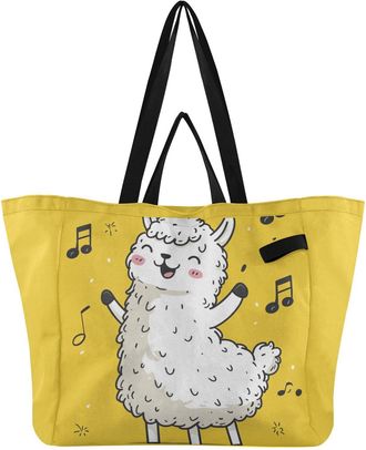 Generic Llama Singing Yellow print Reusable Canvas Tote Bag, Heavy Duty Grocery Shopping Bag with Double Handles Large Capacity Hard Bottom Work Groceries Tra