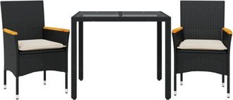 vidaXL Set Comedor Jard&iacute;n 3 Pzas Cojines Rat&aacute;n Sint&eacute;tico Vidrio Negro Vidaxl