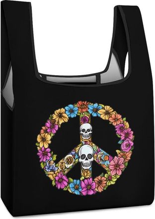Generic Peace Symbol with Flowers Skull Reusable Shopping Bags Lightweight Foldable Grocery Bag Polyester Washable Tote Bag