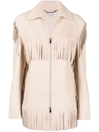 Stella McCartney fringe-detail zip-up jacket - women - Polyester/Polyurethane/Viscose - 42 - Neutrals