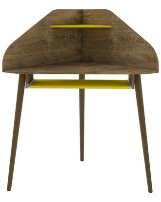 Manhattan Comfort Bradley Corner Desk With Keyboard Shelf In Rustic Brown And Yellow