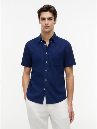 Tommy Hilfiger Mens Regular Fit Dyed Cotton-Linen Shirt - Navy - XXL