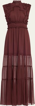 Ulla Johnson Verona Smocked Silk Turtleneck Gown