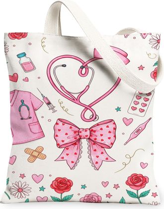 Generic Floral Medical Canvas Tote Bags, Cute Heart and Stethoscope Pattern Reusable Grocery Bags, Lightweight Washable Shoulder St, Peach, 13x15 Inch