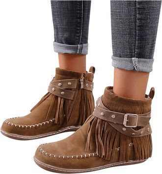 Generic 2026 Retro Ankle Boots Round Toe Zip Up Flat Heel Fringe Detail Casual Slip On Booties (Brown, 3.5)