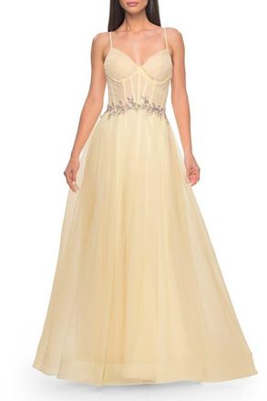 La Femme A-Line Prom Gown with Ruched Bodice and Rhinestone Belt Detail in Pale Yellow at Nordstrom, Size 00