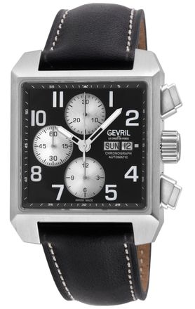 Gevril Group Mens Herald Square Chronograph SS Case, Black Dial, Handmade Italian Leather Strap Watch - One Size