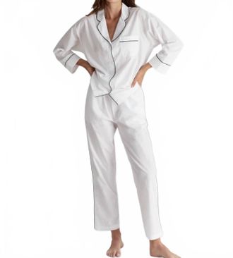 Sleepy Jones Marina Pajama Set In White, Navy Hem