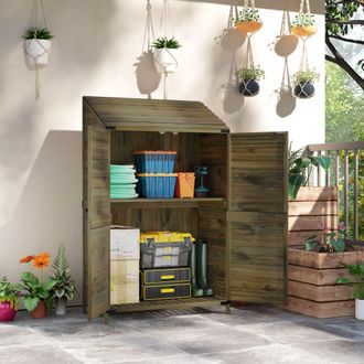 OUTSUNNY Wooden Garden Storage Shed w/Double Doors & Shelves, Olive Brown in Green