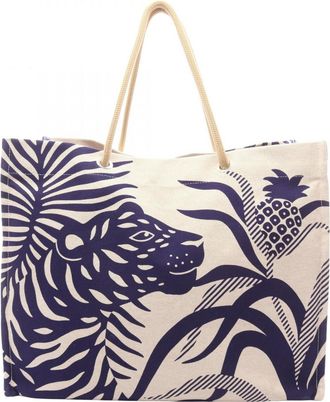 Herm&egrave;s Beige Navy Canvas Beach Bag Handbag Tote Bag (Pre-Owned)