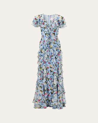 Carolina Herrera Floral Ruffle Chiffon Short-Sleeve Maxi Dress