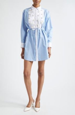 Cinq à Sept Debbie Metallic Floral Appliqué Long Sleeve Cotton Blend Shirtdress in French Blue/White at Nordstrom Rack, Size X-Small