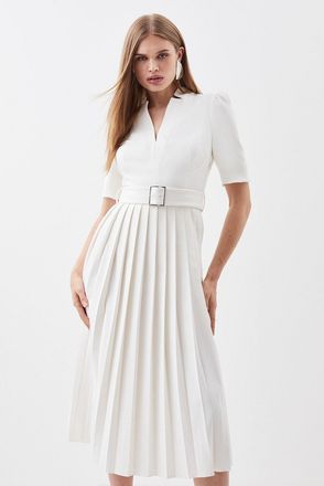 Karen Millen Womens Tailored Structured Crepe Forever Pleat Belted Midi Dress - White - Size 10 UK