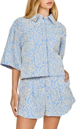 endless rose Embroidered Crop Cotton Blend Button-Up Shirt in Blue at Nordstrom, Size X-Small