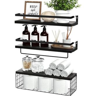 OEM Juego De 3 Estantes Flotantes R&uacute;sticos De Madera - Dimensiones 40,6 X 15,2 Cm - Cesta De Almacenamiento De Metal - Para Ba&ntilde;o, Dormitorio, Sala De Esta