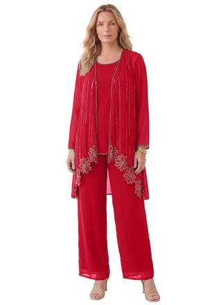 Roaman's Plus-Size Long Sleeve Floral Beaded Georgette Three-Piece Pant Set in Classic Red at Nordstrom, Size 36