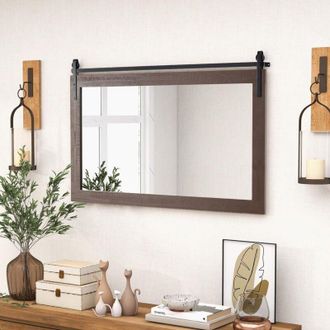 Costway Specchio da Parete 100 x 66 cm, Specchio Rettangolare con Cornice in Legno Massiccio e Staffa in Metallo, Decorazione da Parete per Soggiorno