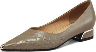 TinaCus Womens Genuine Leather Embossed Pointed Toe Slip-on Chunky Heel Pumps Shoes, Khaki, 5.5 US
