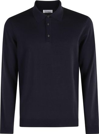 Roberto Collina Navy Button-Down Ribbed Merino Wool Polo Shirt