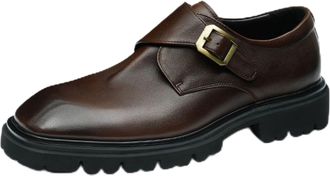 Generic Mens Square Toe Monk Strap Shoes Low Block Heel Platform Dress Shoes Slip on Business Formal Loafers,Brown,5.5 UK