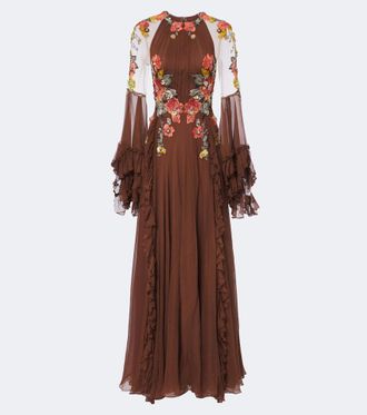 Costarellos Embellished floral-appliqu&eacute; silk gown