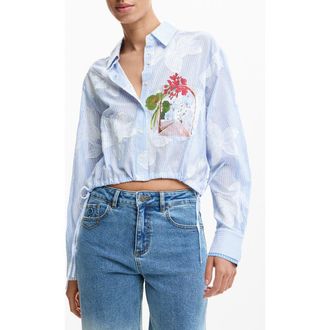 Desigual Floral Print Drawstring Crop Button-Up Top in Blue at Nordstrom, Size X-Small