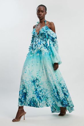 Karen Millen Womens Floral Applique Printed Cold Shoulder Woven Maxi Dress - Blue viscose - Size 12 UK