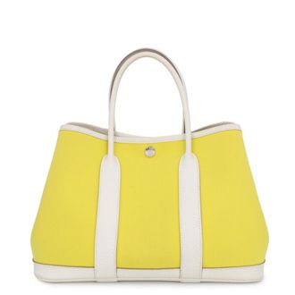 Herm&egrave;s Garden Lime Toile Officier Country Leather Handbag Tote Bag (Pre-Owned)