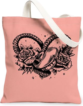 Generic Romantic Floral Canvas Tote Bags, Vintage Rose Heart Design Reusable Grocery Bags, Lightweight Washable Shoulder Strap Canv, Peach, 13x15 Inch