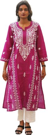 Generic Chikankari Cotton Kurta Women, Kashmiri Pan Embroidery Dress for Adult Girls,Readymade Summer Kameez,Eid Festival Wear Long Top (UK, Alpha, 3XL, Regul