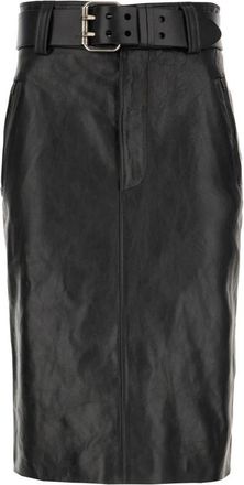 Saint Laurent Belted Pencil Rok in Gekreukt Leer - Dames - Leren & Su&egrave;de rokken - Zwart - S - Leer - Rokken