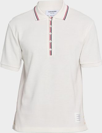 Thom Browne Mens Grosgrain-Trim Waffle Knit Polo Shirt