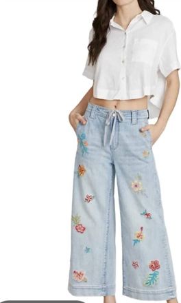 Free People Floral Wide Leg Jean In Light Denim