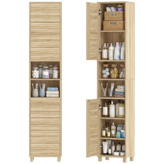 HOMCOM Homcom Armario De Ba&ntilde;o Alto Y Estrecho Con Estantes Ajustables, Puertas De Lamas, Apertura Por Presi&oacute;n, Estantes Abiertos, 34x23x170 Cm, Natural