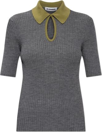 Jil Sander Wool Polo - Dames - V-hals truien - Grijs - XL - Wol - Truien & Vesten