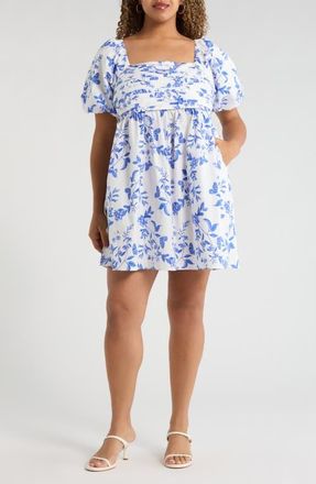 Sugarlips Leya Floral Pleated Mini Dress in White Blue Multi at Nordstrom, Size 1X