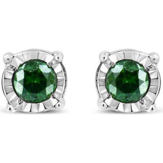 House of Brilliance Silver Rose Green Diamond Solitaire Stud Earrings in White at Nordstrom