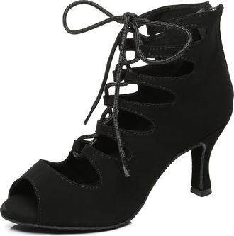 Minitoo Womens Ballroom Dancing Boots Lace-up Latin Shoes Evening Prom Ankle Booties L456 Black 7.5cm Heel UK 5