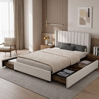 Merax Double Upholstered Storage Bed with Wingback Headboard & 4 Drawers in Beige