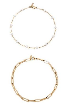 st. Moran Set of 2 Freshwater Pearl & Paper Clip Chain Anklets in White at Nordstrom Rack