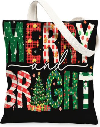 Generic Christmas Canvas Tote Bags, Merry Bright Pattern Reusable Grocery Bags, Winter Joyful Lightweight Washable Shoulder Strap C, Black, 13x15 Inch