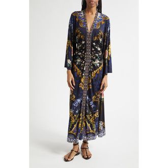 Camilla Beaded Print Long Sleeve Ruched Silk Midi Dress in Notes From The Blue Room at Nordstrom, Size X-Small