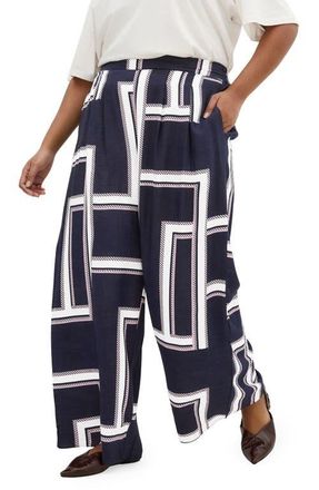 City Chic Hallie Print Pull-On Wide Leg Pants in Sleek Stripes Navy at Nordstrom, Size Xxxs