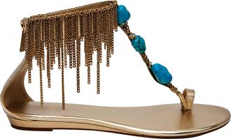 Jimmy Choo London Fringed Chain Accent Flat Sandals in Gold Leather