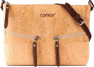 Corkor Across Body Bag for Women Front Pockets Cross Body Strap Vegan Leather Cork Light Brown Color