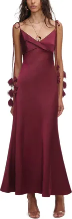 Self Portrait Burgundy Satin Midi Dress with Floral Appliqu&eacute;s
