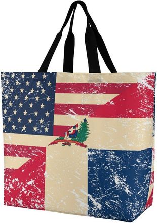 Generic U.S. And Dominican Vintage Flag Tote Bag Reusable Grocery Shopping Bags Large Travel One Shoulder Handbag for Picnic Work