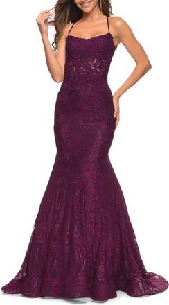 La Femme Mermaid Lace Gown with Sheer Bodice and Open Back in Dark Berry at Nordstrom, Size 10
